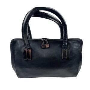 Perlina New York Black Leather Satchel handbag Top Handle Lock